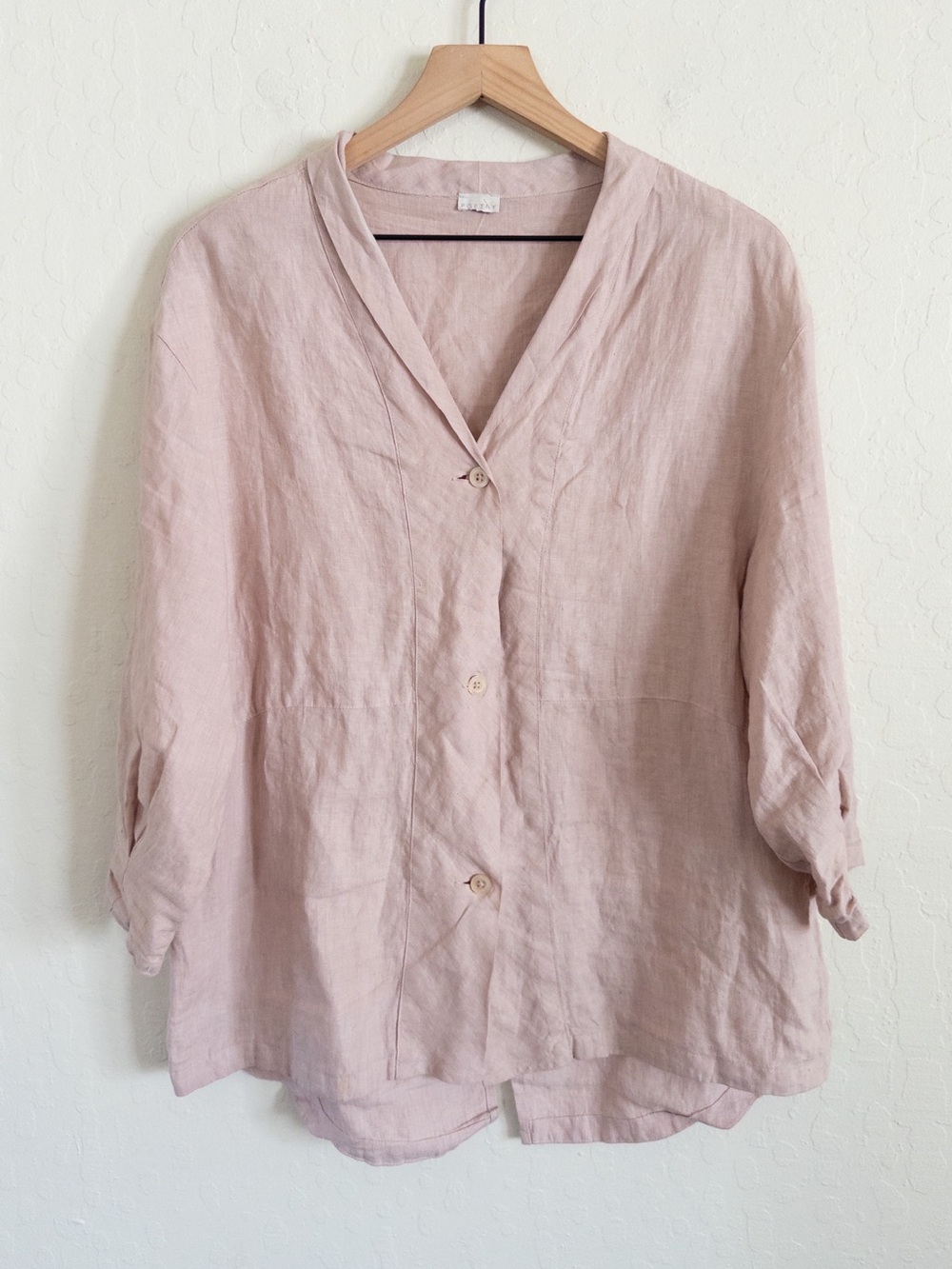 Poetry 100% Linen Button Front 3/4 Sleeve Shirt Jacket Shacket 12 Pink Lagenlook